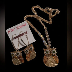 BETSEY JOHNSON SET Woodland Creatures Crystals Owl Necklace & Earrings Set NWT